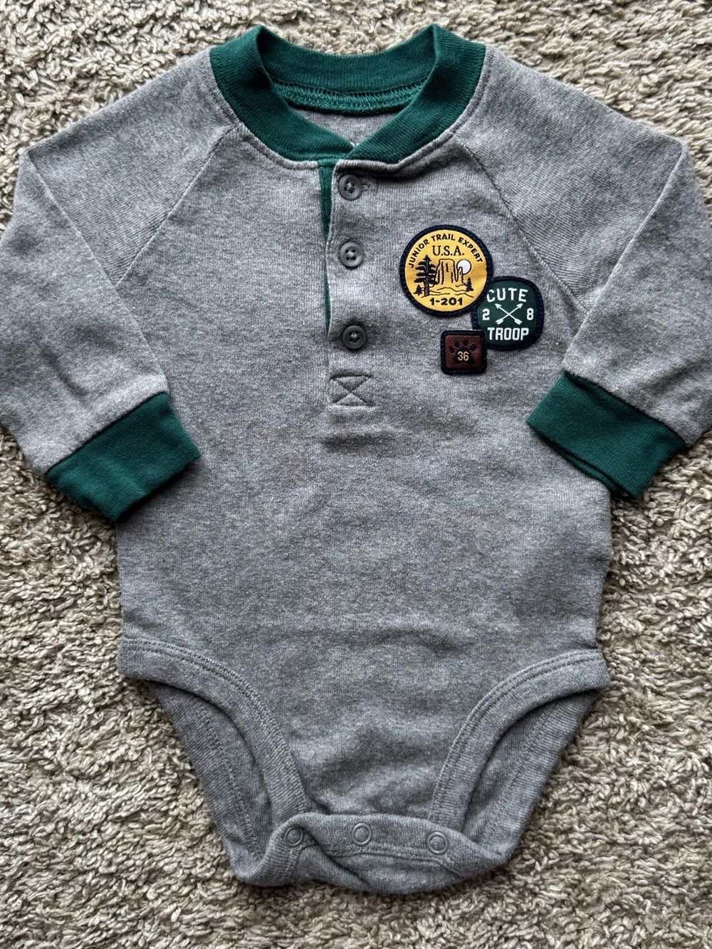 Carter’s Baby Boys Gray Henley Long Sleeve Bodysuit 3M Adventure Scout Patches